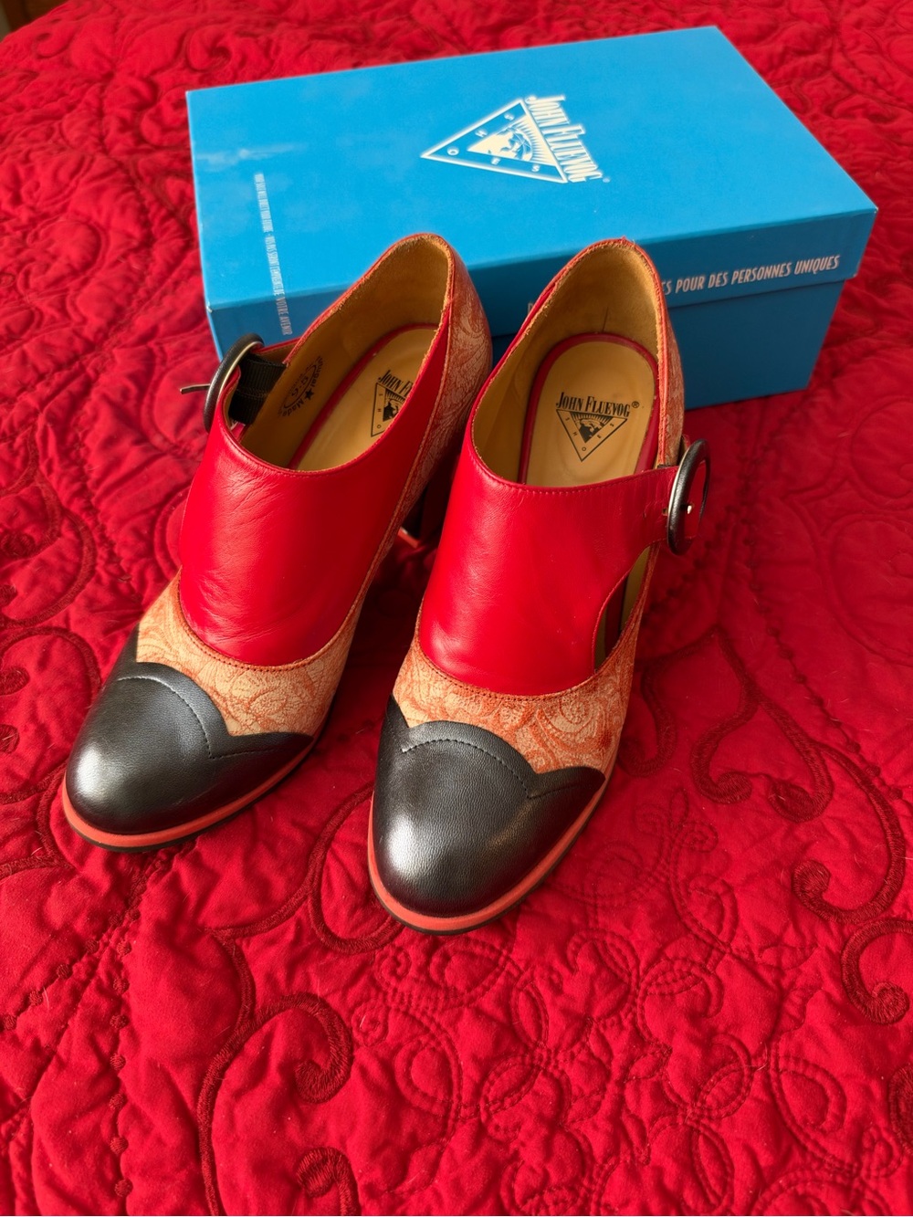 John Fluevog Attic Joyce Red Paisley Monk Strap Heels Size 9.5 w/ Box - Picture 8 of 8